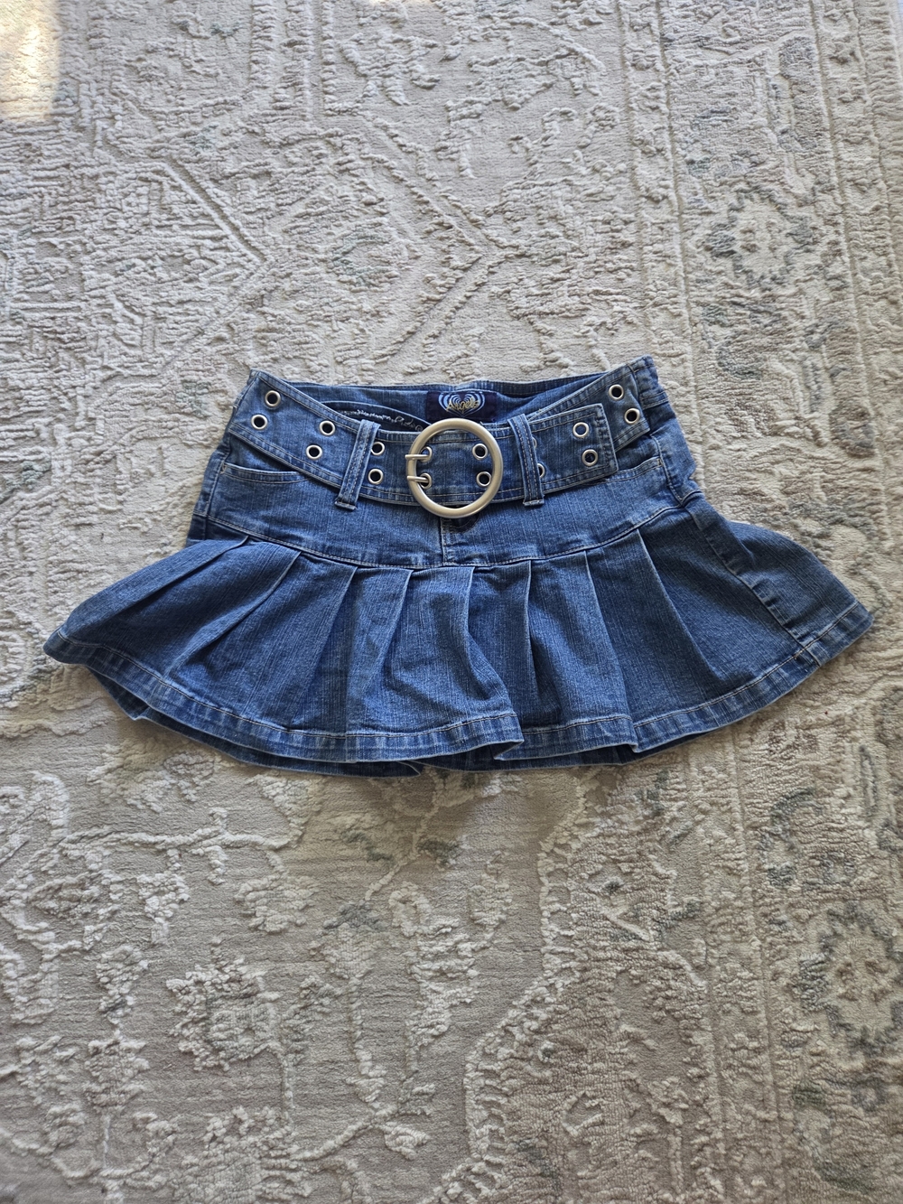 Angels Blue Denim Circle-Buckle Pleated Skater Mini Skirt